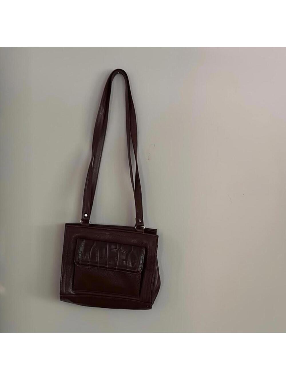 Vintage Gitano Elegant Brown Leather Shoulder Bag KISS Lock Multi Compartment